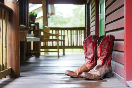close-up of cowboy boots on saloon porch, created with generative aiの素材