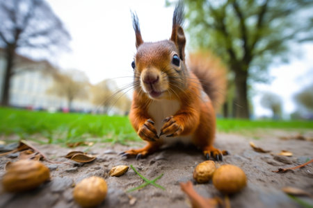 a close-up of a squirrel eating nuts in a park, created with generative aiの素材