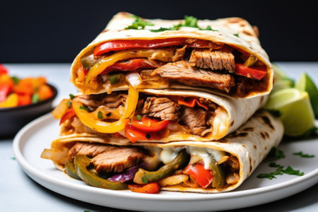 stacked fajitas on a plate, showing the filling, created with generative aiの素材