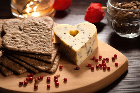 rye crackers surrounding a heart-shaped swiss cheese, created with generative aiの素材