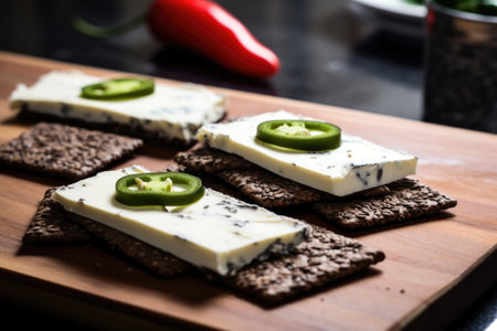 use of pepper jack cheese on a bed of sparsely placed rye crackers, created with generative aiの素材