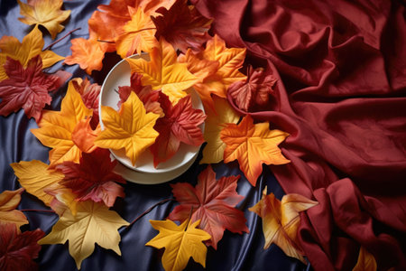maple leaves scattered over a thanksgiving tablecloth, created with generative aiの素材