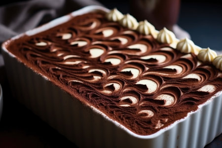 close-up of tiramisu with cocoa powder decoration forming a pattern, created with generative aiの素材