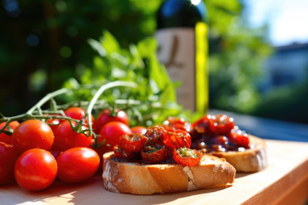 glossy, red cherry tomatoes on vine beside built bruschetta, created with generative aiの素材