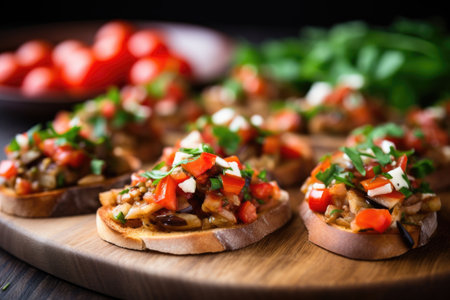 bruschetta topped with roasted eggplant and parsley garnish, created with generative aiの素材