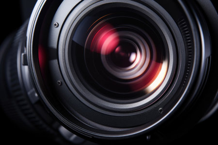 black movie camera lens, close up, front view, created with generative aiの素材