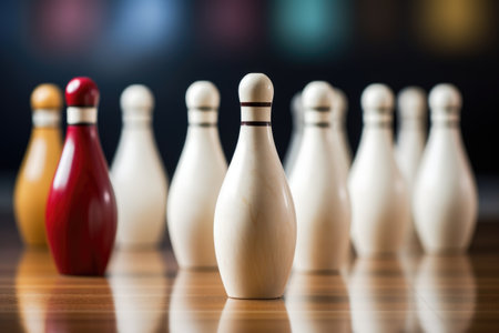 bowling pins positioned at the end of a lane, created with generative aiの素材