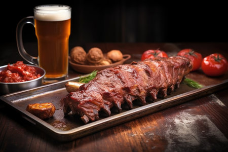full glass of amber ale with bottle next to smoked ribs on a tray, created with generative aiの素材
