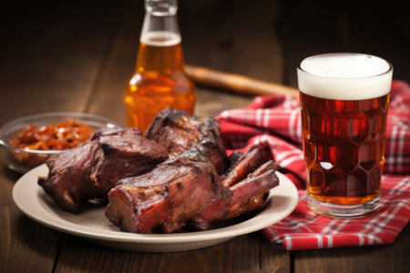 bottle of amber ale with cap off next to a plate of smoked ribs, created with generative aiの素材