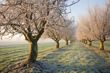 morning frost on apple trees in cold weather, created with generative aiの素材