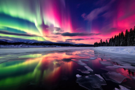 vividly colored aurora dancing over a frozen lake, created with generative aiの素材
