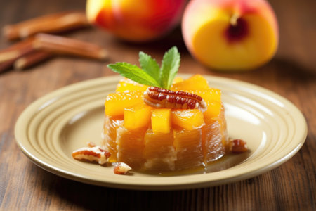 positioning bacon-wrapped diced peach on a dessert plate, created with generative aiの素材
