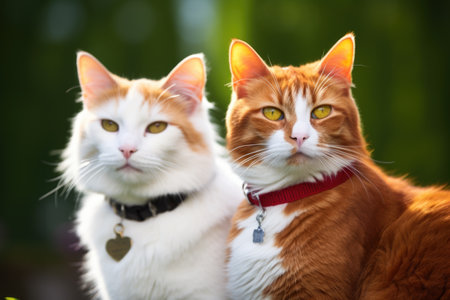 two similar looking cats with distinct collar colors sitting together, created with generative aiの素材