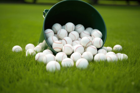 baseballs clustered in a bucket on a green field, created with generative aiの素材