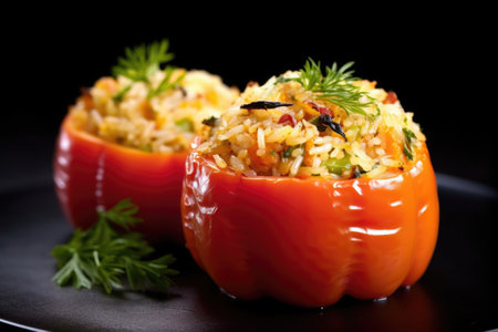 single bbq stuffed bell pepper against a black background, created with generative aiの素材