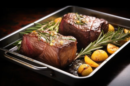juicy beef roast with roasted garlic cloves and rosemary twigs on a metal tray, created with generative aiの素材