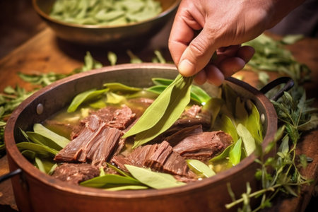 plucking a bay leaf out of a rich beef stew, created with generative aiの素材