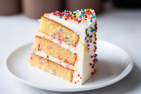 close-up of a slice of birthday cake on a white plate, created with generative aiの素材