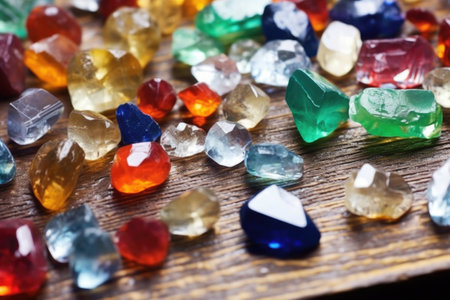 closeup of various raw birthstones on a workshop table, created with generative aiの素材
