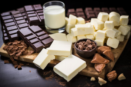 assortment of white, milk, and dark chocolate bars, created with generative aiの素材