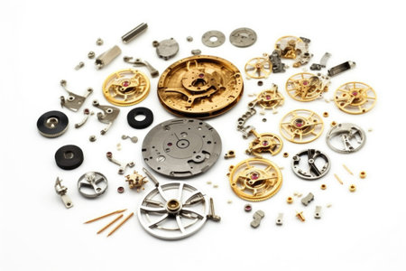 disassembled watch parts scattered on white background, created with generative aiの素材
