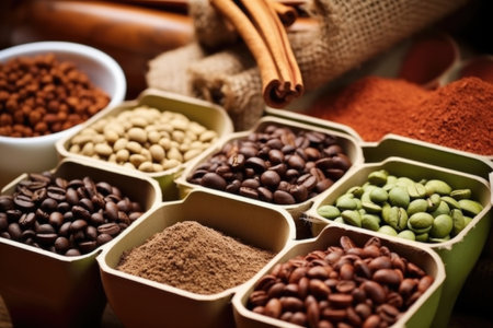 hoppers filled with different types of coffee beans, created with generative aiの素材