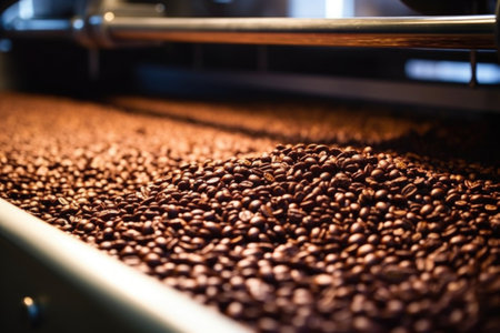 roasted coffee beans on a conveyor belt under bright light, created with generative aiの素材