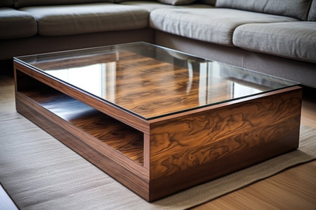 glossy finished coffee table with visible wood grain details, created with generative aiの素材