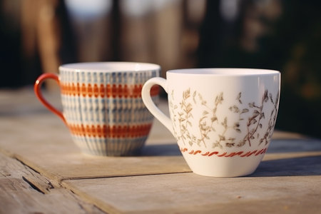 two tea cups closer to each other on the table, created with generative aiの素材