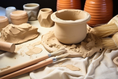 air dry clay with sculpting tools for pottery, created with generative aiの素材