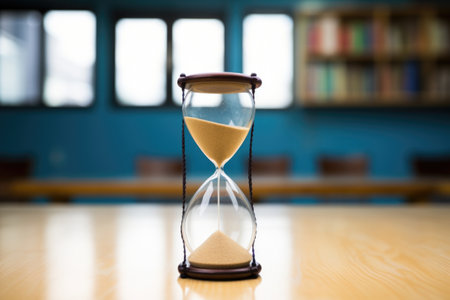 a hourglass against a classroom background, created with generative aiの素材