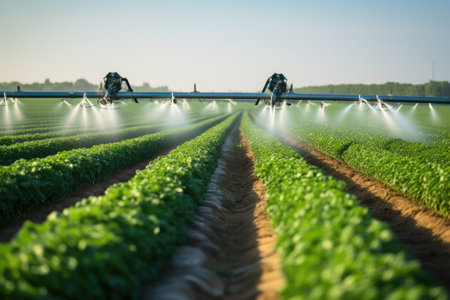 automated irrigation system watering plants on a farm, created with generative aiの素材