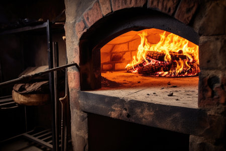 an old-fashioned wood-fired oven with vivid flames, created with generative aiの素材