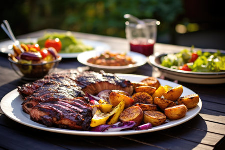 a platter of barbecue meats in a backyard setting, created with generative aiの素材