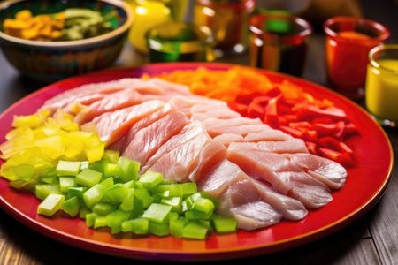 close-up of whitefish steak being flaked on a colorful plate, created with generative aiの素材