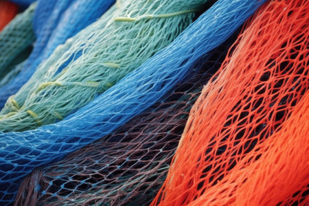 detail of fishing nets waiting to be installed, created with generative aiの素材