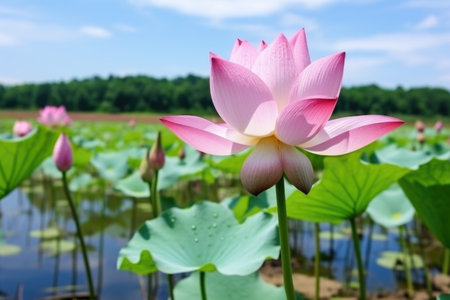 lotus flower opening on the pond, created with generative aiの素材
