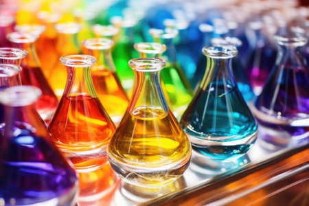 a close-up shot of a glass beaker filled with colorful liquid perfume mixture, created with generative aiの素材