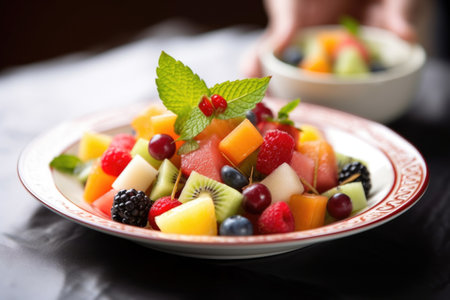 serving a generous scoop of mixed fruit salad on a porcelain dish, created with generative aiの素材