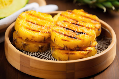 grilled pineapple slices placed in a bamboo basket, created with generative aiの素材