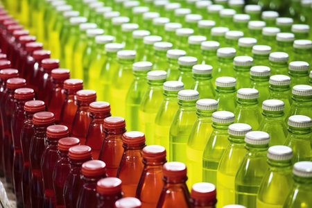 rows of identical freshly filled juice bottles, created with generative aiの素材