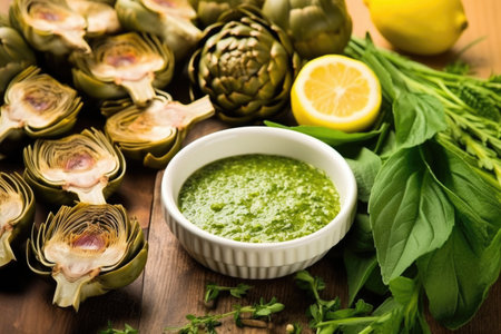 grilled artichokes spread out, presenting their charred leaves, garlic dip nearby, created with generative aiの素材