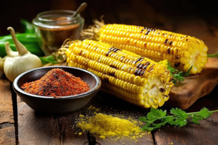 char marked grilled corn on the cob on a rustic background, created with generative aiの素材