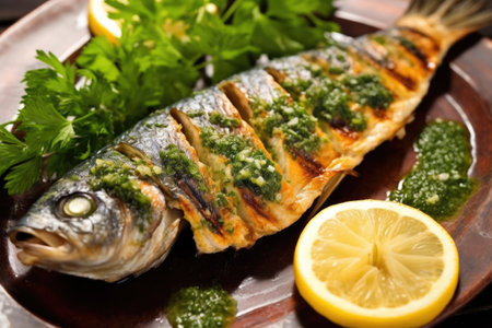 close-up of a grilled sea bass with parsley sprinkled on top, created with generative aiの素材