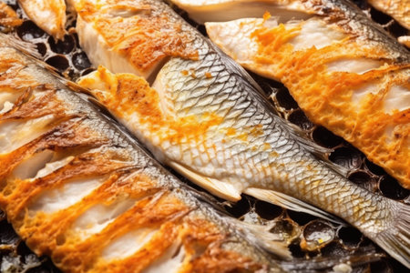 close-up of grilled sea bass skin, showing scales, created with generative aiの素材