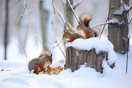 family of squirrels foraging for nuts in winter, created with generative aiの素材