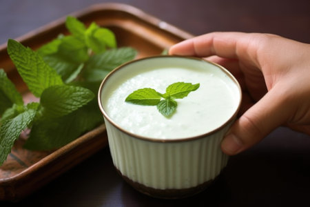 hand placing a mint leaf on the top of creamy lassi, created with generative aiの素材