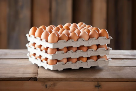 organic egg cartons stacked neatly on a wooden table, created with generative aiの素材