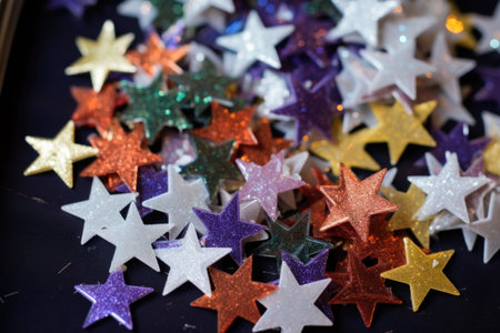 close-up of glittery star-shaped table confetti, created with generative aiの素材