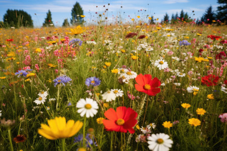 wildflower meadow with varied colors and sizes of blooms, created with generative aiの素材